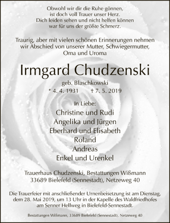 Traueranzeige von Irmgard Chudzenski von Neue Westfälische