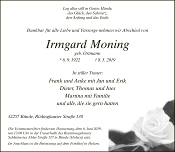 Traueranzeige von Irmgard Moning von Neue Westfälische