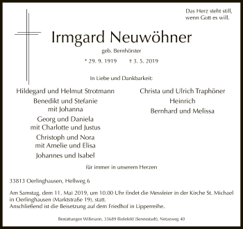 Traueranzeige von Irmgard Neuwöhner von Neue Westfälische