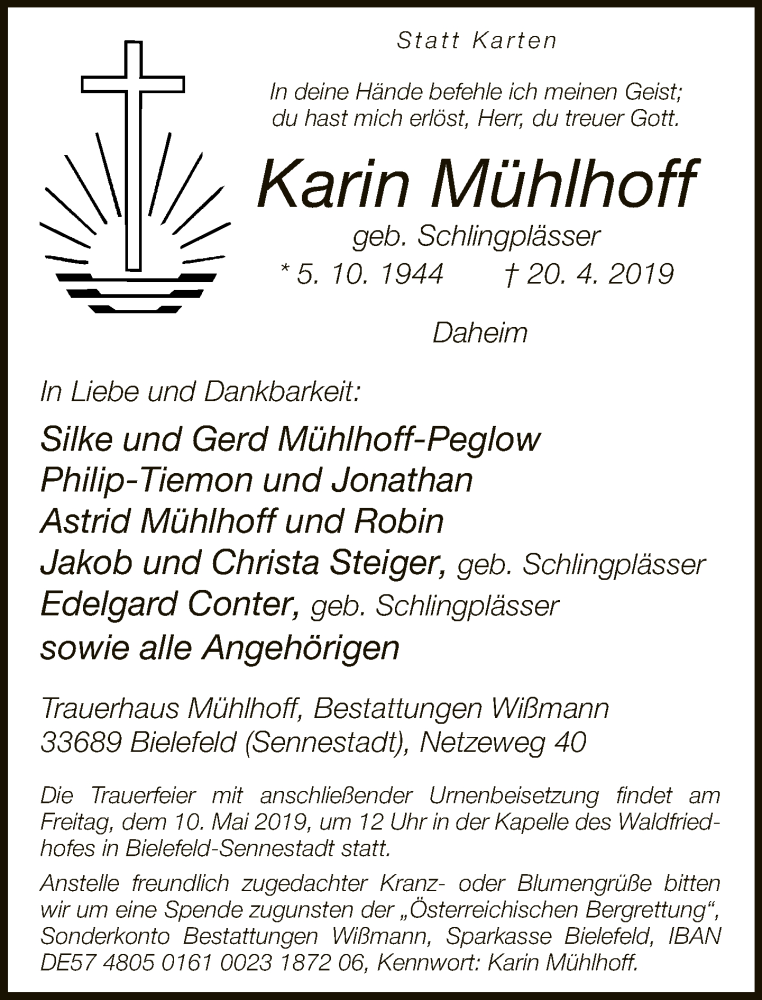  Traueranzeige für Karin Mühlhoff vom 04.05.2019 aus Neue Westfälische