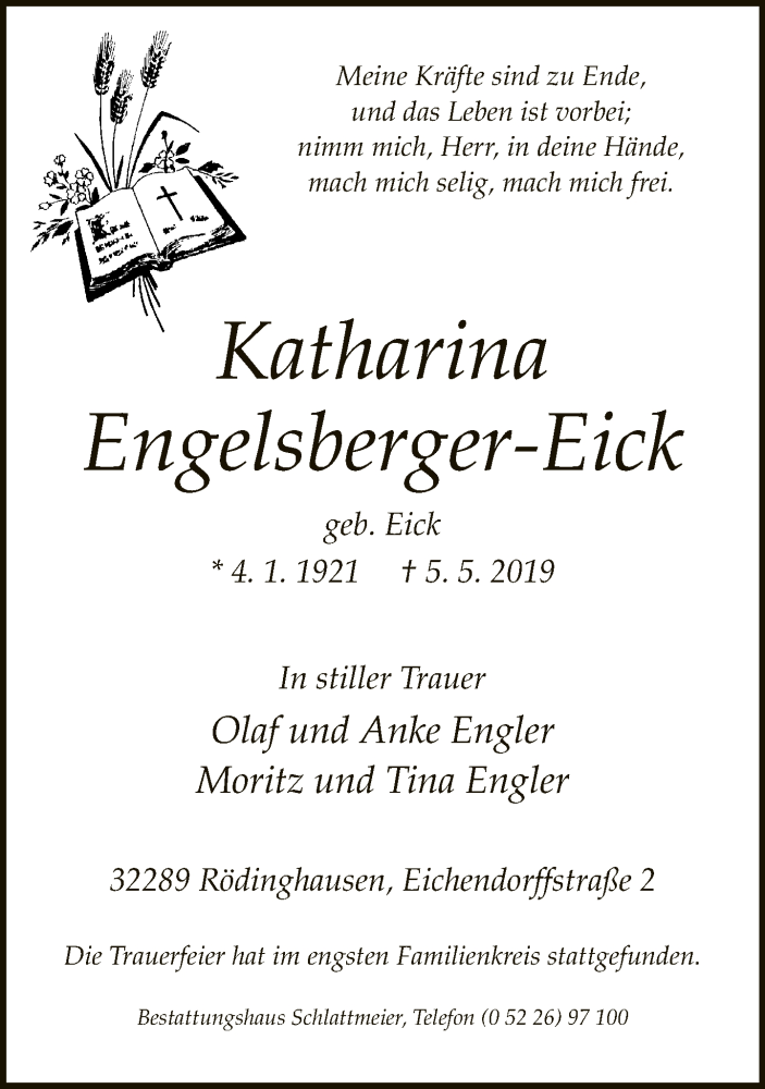  Traueranzeige für Katharina Engelsberger-Eick vom 11.05.2019 aus Neue Westfälische
