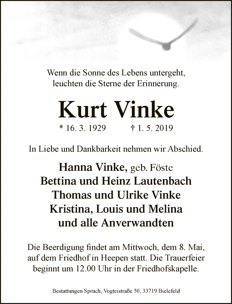  Traueranzeige für Kurt Vinke vom 04.05.2019 aus Neue Westfälische