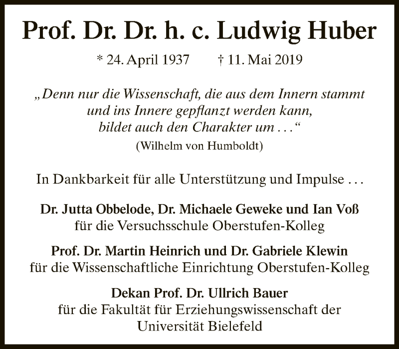  Traueranzeige für Ludwig Huber vom 18.05.2019 aus Neue Westfälische