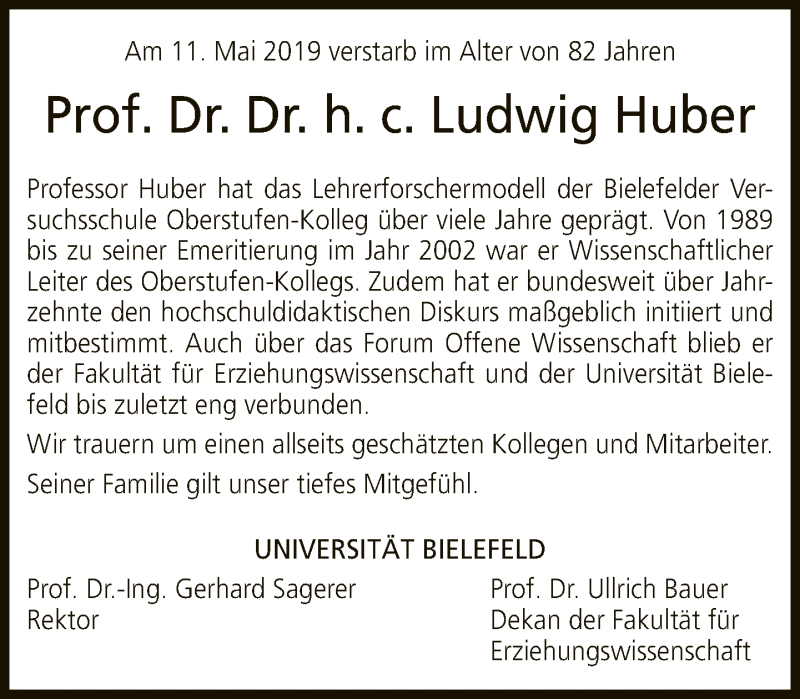  Traueranzeige für Ludwig Huber vom 18.05.2019 aus Neue Westfälische