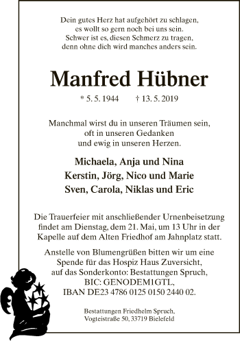 Traueranzeige von Manfred Hübner von Neue Westfälische