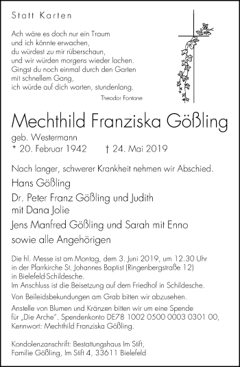 Traueranzeige von Mechthild Franziska Gößling von Neue Westfälische