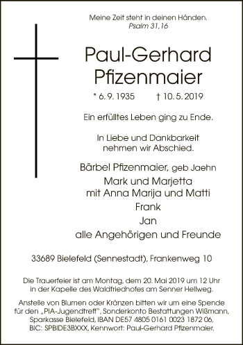 Traueranzeige von Paul-Gerhard Pfizenmaier von Neue Westfälische