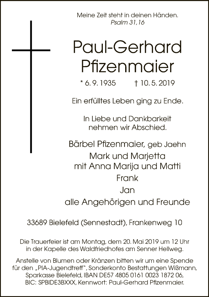  Traueranzeige für Paul-Gerhard Pfizenmaier vom 15.05.2019 aus Neue Westfälische