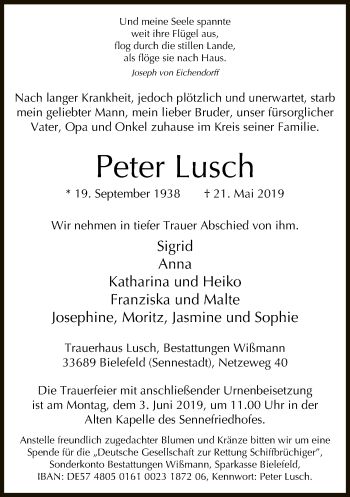 Traueranzeige von Peter Lusch von Neue Westfälische
