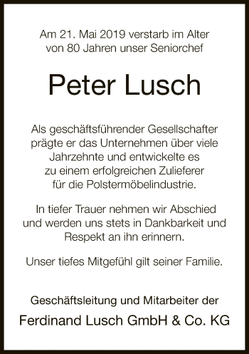 Traueranzeige von Peter Lusch von Neue Westfälische