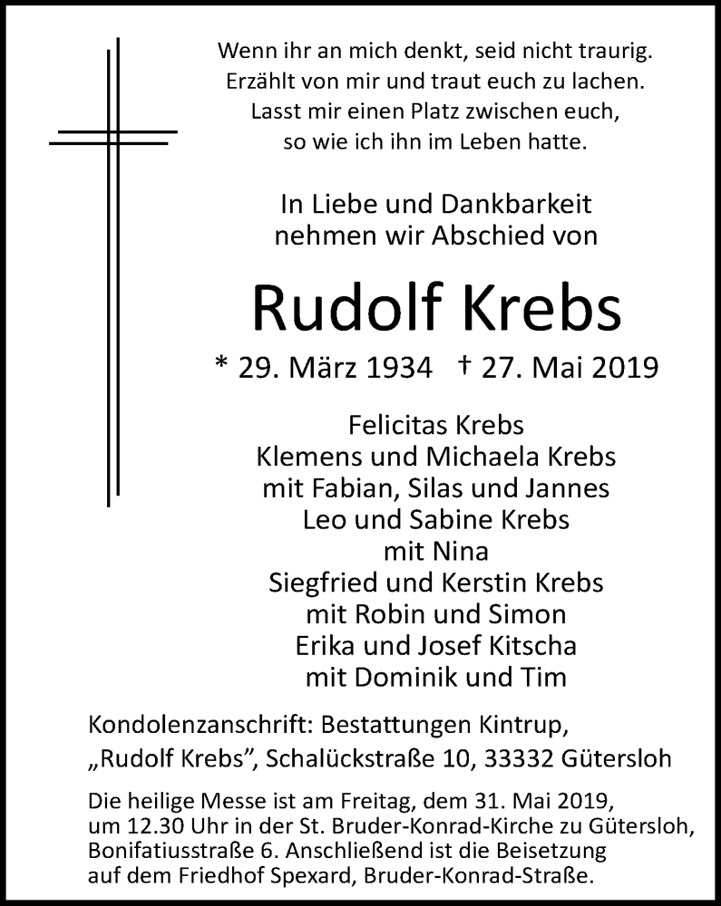  Traueranzeige für Rudolf Krebs vom 29.05.2019 aus Neue Westfälische