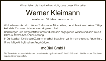 Traueranzeige von Werner Kleimann von Neue Westfälische