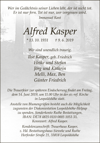Traueranzeige von Alfred Kasper von Neue Westfälische