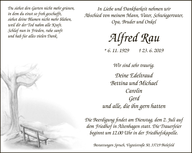  Traueranzeige für Alfred Rau vom 29.06.2019 aus Neue Westfälische