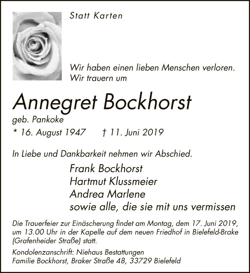  Traueranzeige für Annegret Bockhorst vom 12.06.2019 aus Neue Westfälische