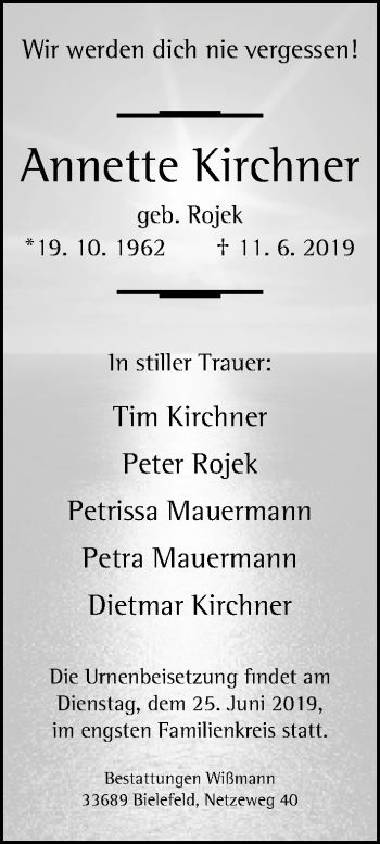 Traueranzeige von Annette Kirchner von Neue Westfälische