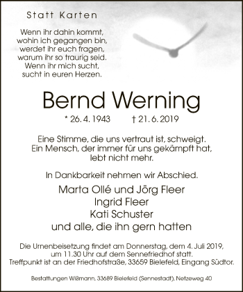 Traueranzeige von Bernd Werning von Neue Westfälische
