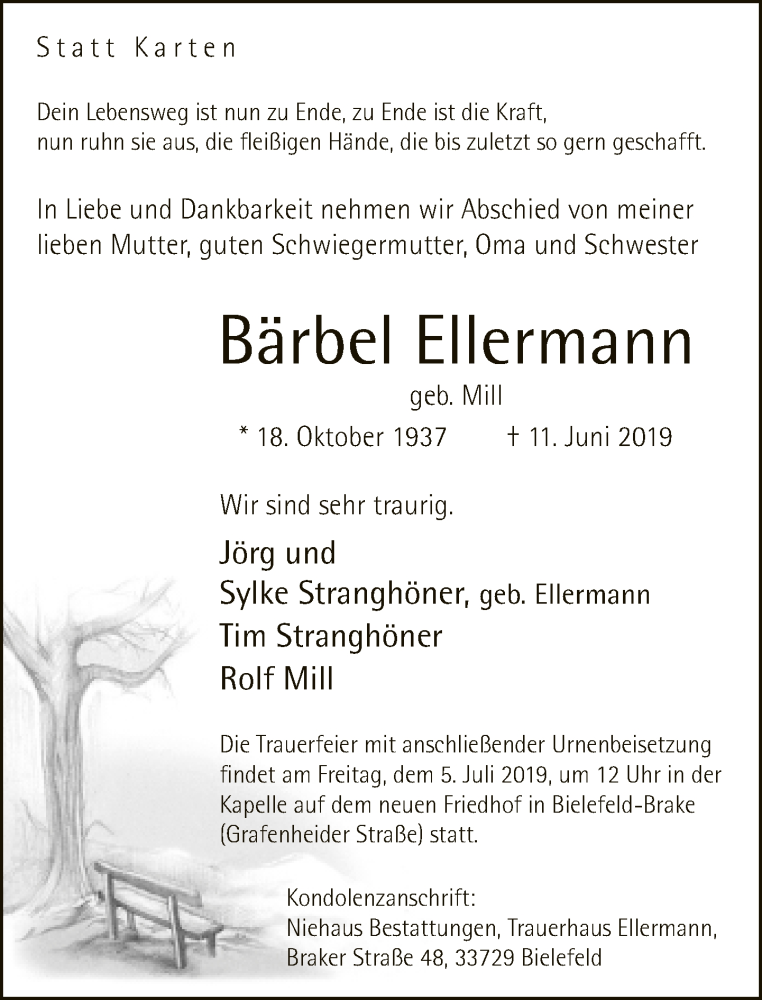  Traueranzeige für Bärbel Ellermann vom 22.06.2019 aus Neue Westfälische