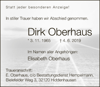 Traueranzeige von Dirk Oberhaus von Neue Westfälische