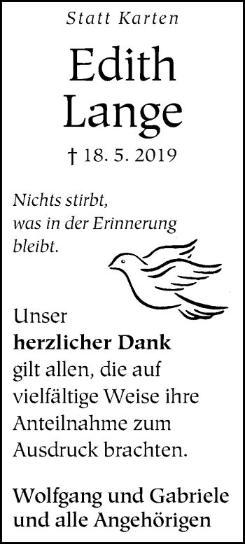 Traueranzeige von Edith Lange von Neue Westfälische
