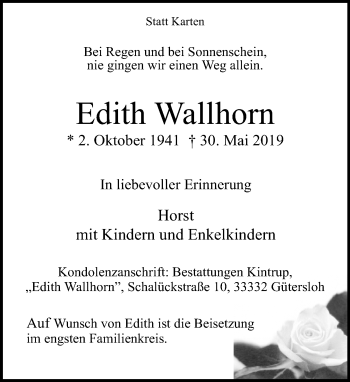 Traueranzeige von Edith Wallhorn von Neue Westfälische