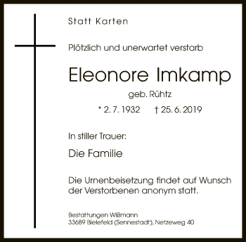 Traueranzeige von Eleonore Imkamp von Neue Westfälische