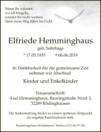 Traueranzeige von Elfriede Hemminghaus von Neue Westfälische