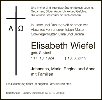 Traueranzeige von Elisabeth Wiefel von Neue Westfälische