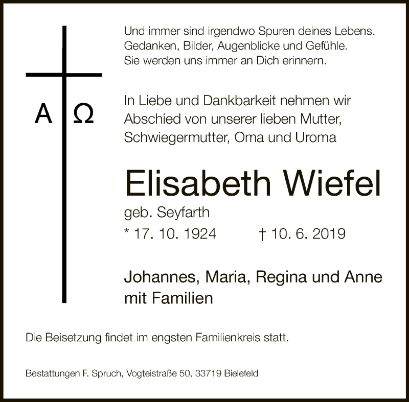  Traueranzeige für Elisabeth Wiefel vom 15.06.2019 aus Neue Westfälische