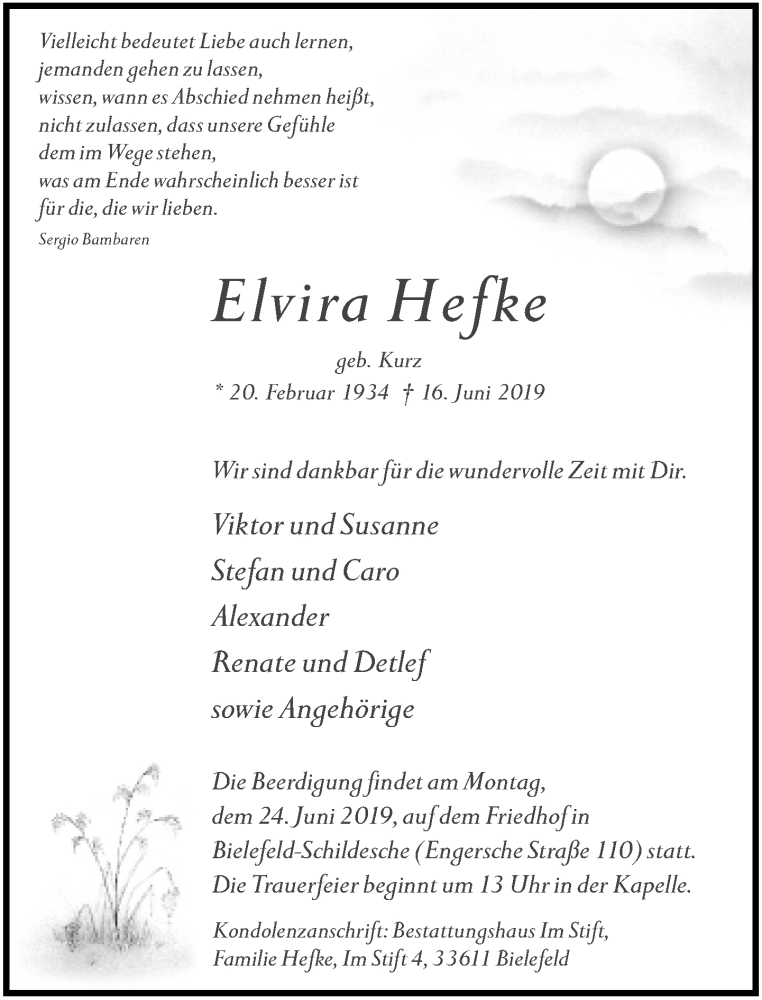  Traueranzeige für Elvira Hefke vom 19.06.2019 aus Neue Westfälische