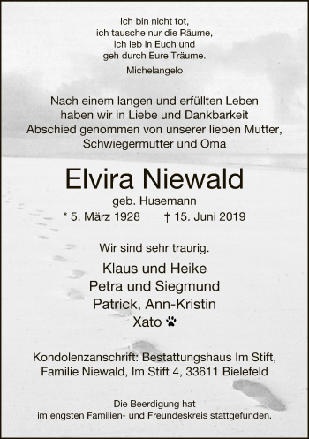Traueranzeige von Elvira Niewald von Neue Westfälische