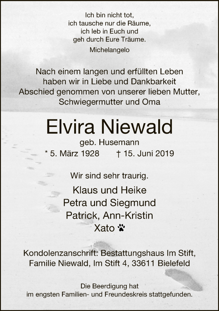 Traueranzeige für Elvira Niewald vom 22.06.2019 aus Neue Westfälische