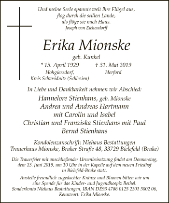 Traueranzeige von Erika Mionske von Neue Westfälische