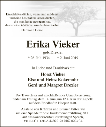 Traueranzeige von Erika Vieker von Neue Westfälische