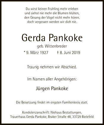 Traueranzeige von Gerda Pankoke von Neue Westfälische