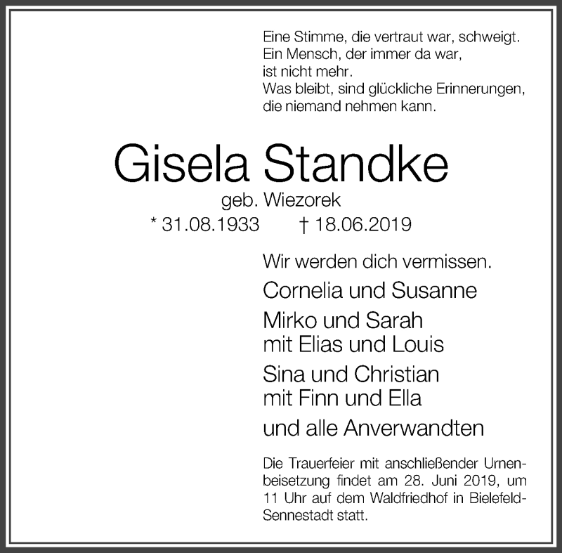 Traueranzeige für Gisela Standke vom 22.06.2019 aus Neue Westfälische