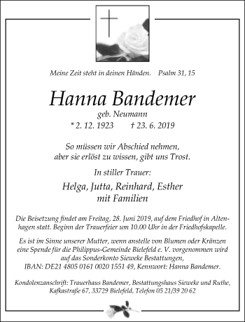 Traueranzeige von Hanna Bandemer von Neue Westfälische