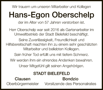 Traueranzeige von Hans-Egon Oberschelp von Neue Westfälische