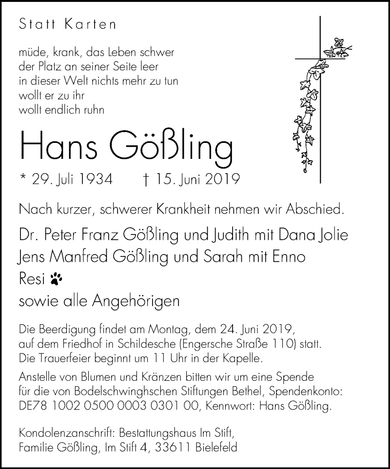  Traueranzeige für Hans Gößling vom 19.06.2019 aus Neue Westfälische