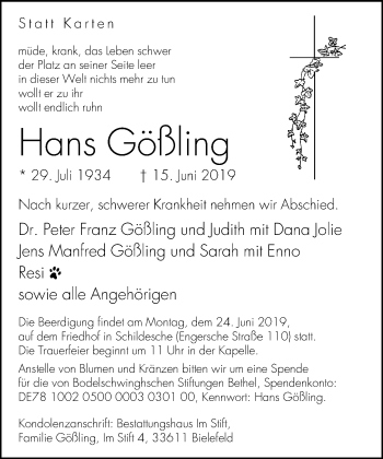 Traueranzeige von Hans Gößling von Neue Westfälische
