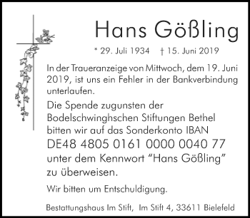 Traueranzeige von Hans Gößling von Neue Westfälische