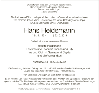 Traueranzeige von Hans Heidemann von Neue Westfälische