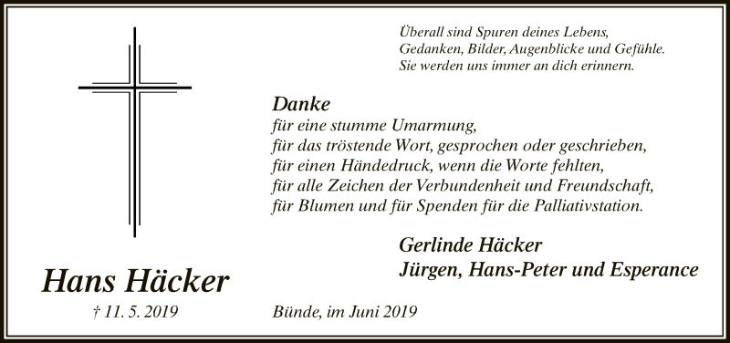  Traueranzeige für Hans Häcker vom 08.06.2019 aus Neue Westfälische