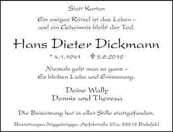 Traueranzeige von Hans Dieter Dickmann von Neue Westfälische