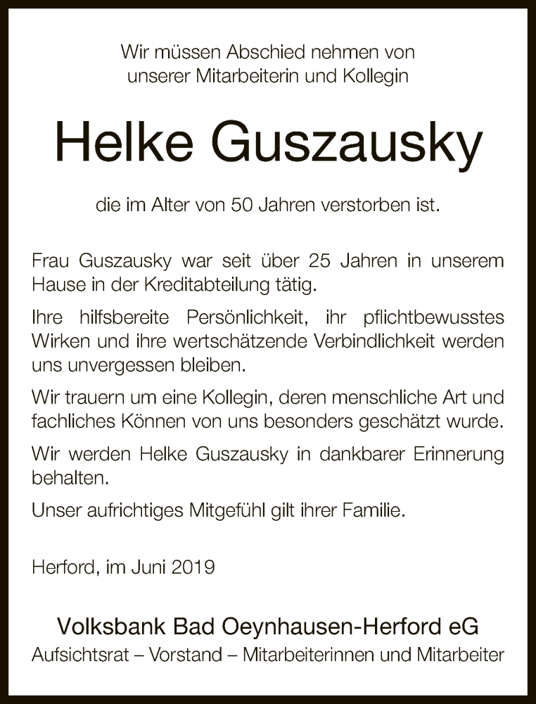  Traueranzeige für Helke Guszausky vom 22.06.2019 aus Neue Westfälische