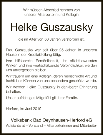 Traueranzeige von Helke Guszausky von Neue Westfälische