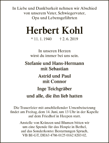 Traueranzeige von Herbert Kohl von Neue Westfälische