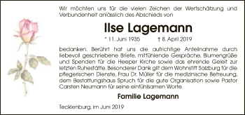 Traueranzeige von Ilse Lagemann von Neue Westfälische