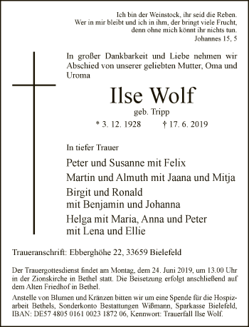 Traueranzeige von Ilse Wolf von Neue Westfälische