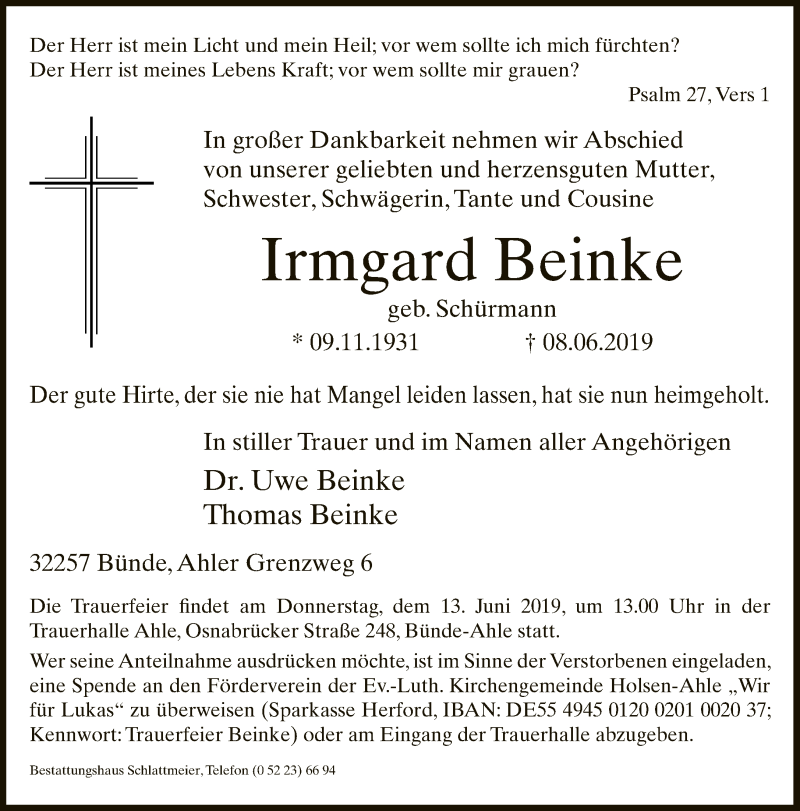  Traueranzeige für Irmgard Beinke vom 11.06.2019 aus Neue Westfälische